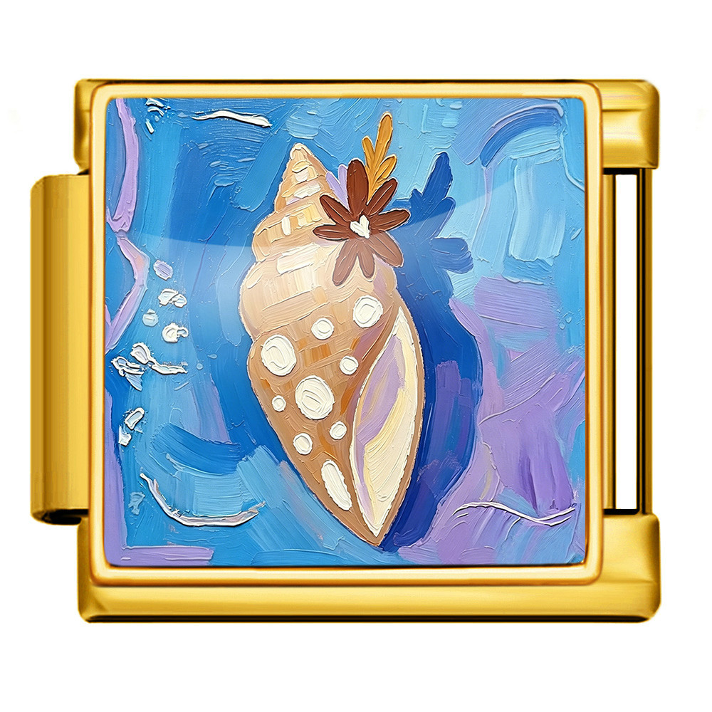 DIY stainless steel bracelet with square oil painting pattern of seashells and conch shells, featuring a summer beach theme. Freely combinable watch strap chain.