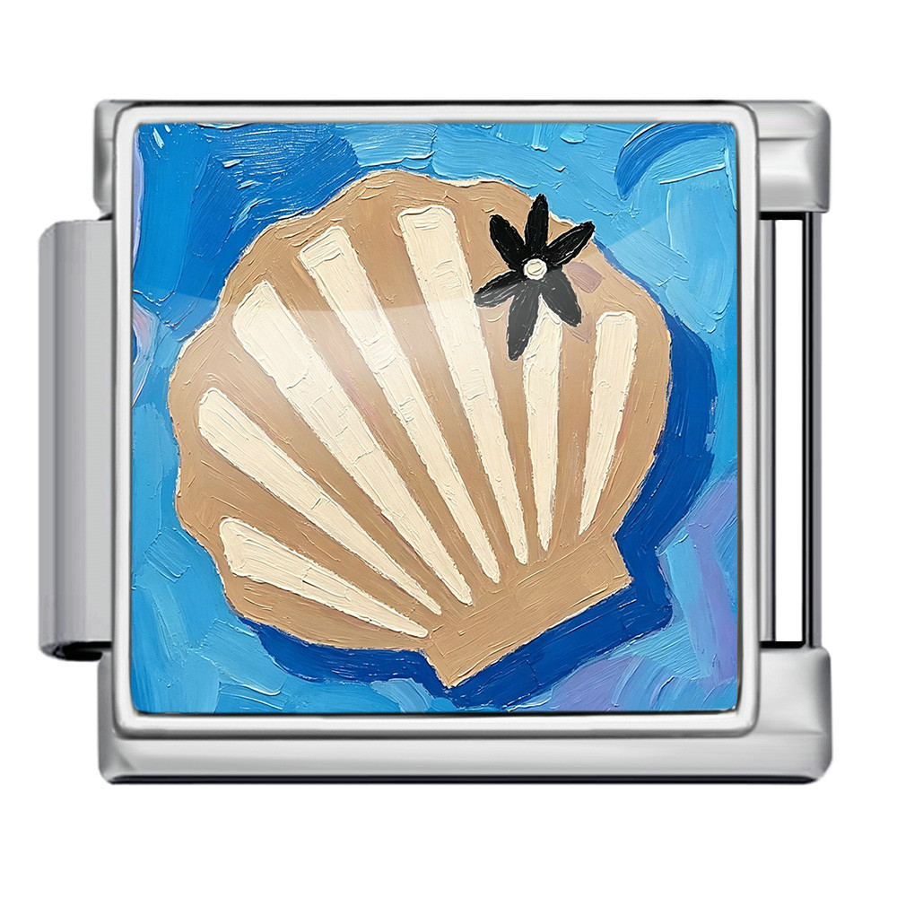 DIY stainless steel bracelet with square oil painting pattern of seashells and conch shells, featuring a summer beach theme. Freely combinable watch strap chain.