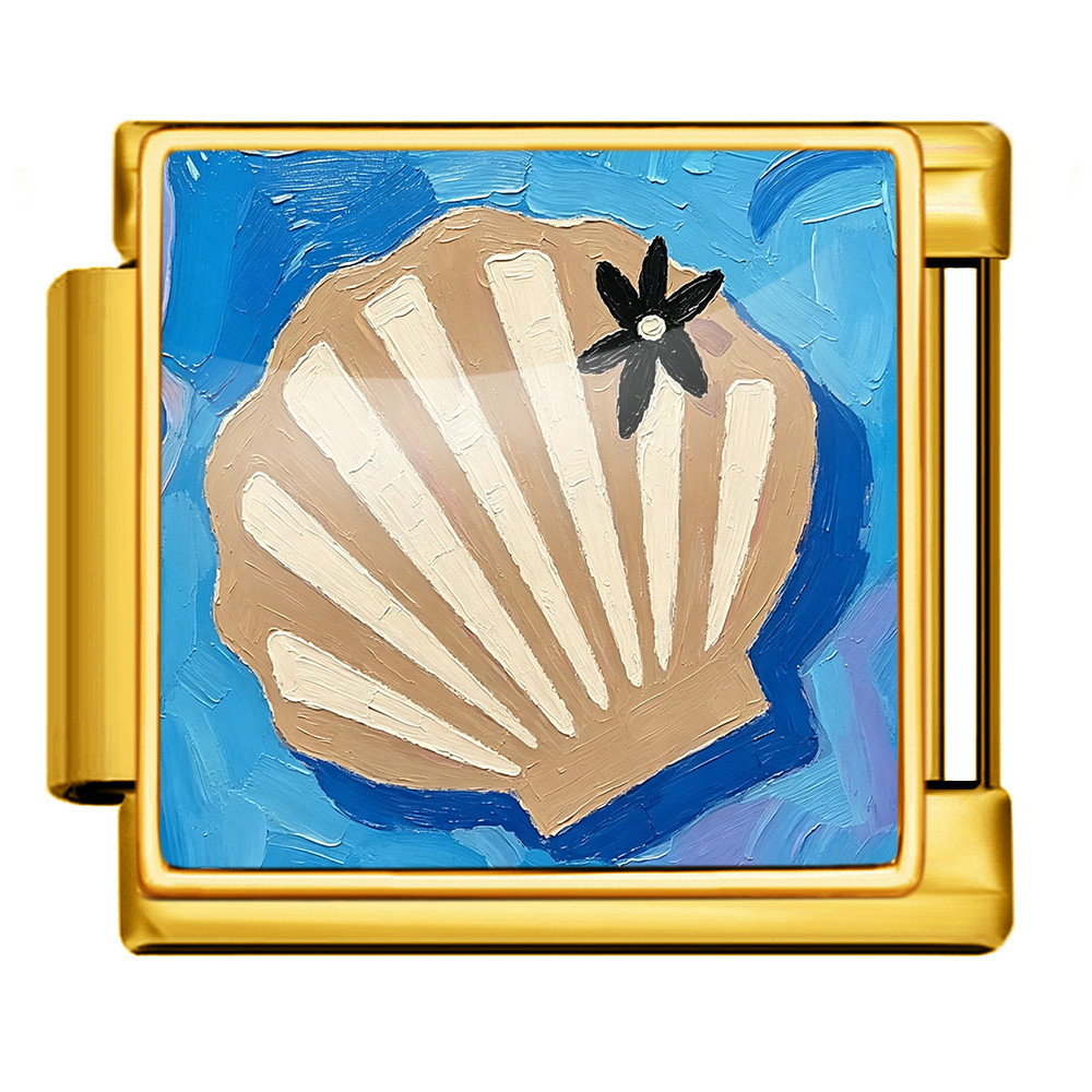 DIY stainless steel bracelet with square oil painting pattern of seashells and conch shells, featuring a summer beach theme. Freely combinable watch strap chain.