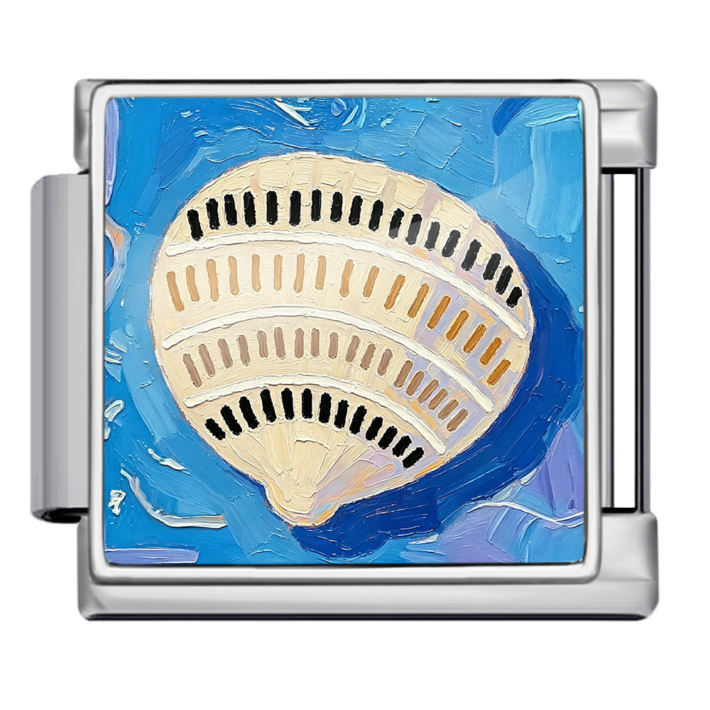 DIY stainless steel bracelet with square oil painting pattern of seashells and conch shells, featuring a summer beach theme. Freely combinable watch strap chain.