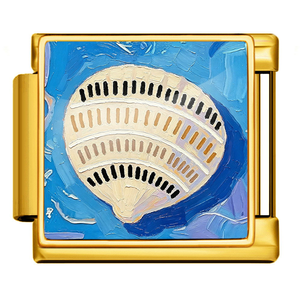 DIY stainless steel bracelet with square oil painting pattern of seashells and conch shells, featuring a summer beach theme. Freely combinable watch strap chain.