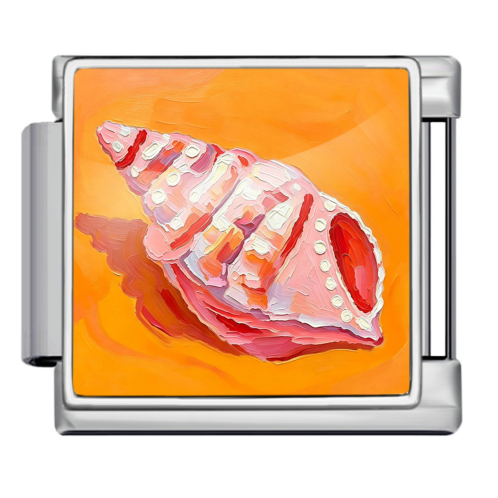DIY stainless steel bracelet with square oil painting pattern of seashells and conch shells, featuring a summer beach theme. Freely combinable watch strap chain.