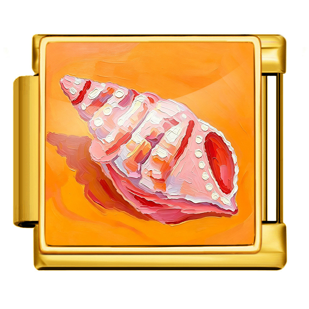 DIY stainless steel bracelet with square oil painting pattern of seashells and conch shells, featuring a summer beach theme. Freely combinable watch strap chain.