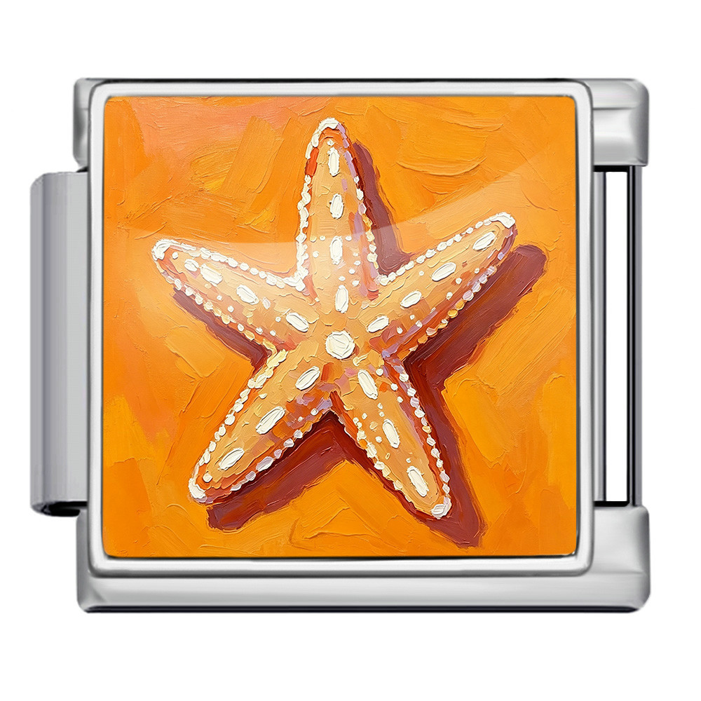 DIY stainless steel bracelet with square oil painting pattern of seashells and conch shells, featuring a summer beach theme. Freely combinable watch strap chain.