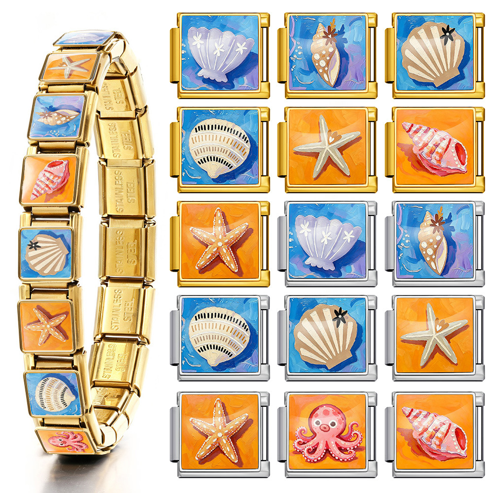 DIY stainless steel bracelet with square oil painting pattern of seashells and conch shells, featuring a summer beach theme. Freely combinable watch strap chain.