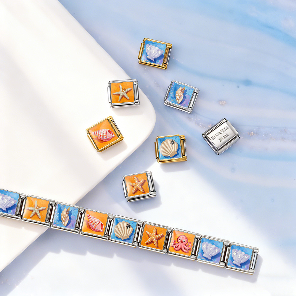DIY stainless steel bracelet with square oil painting pattern of seashells and conch shells, featuring a summer beach theme. Freely combinable watch strap chain.