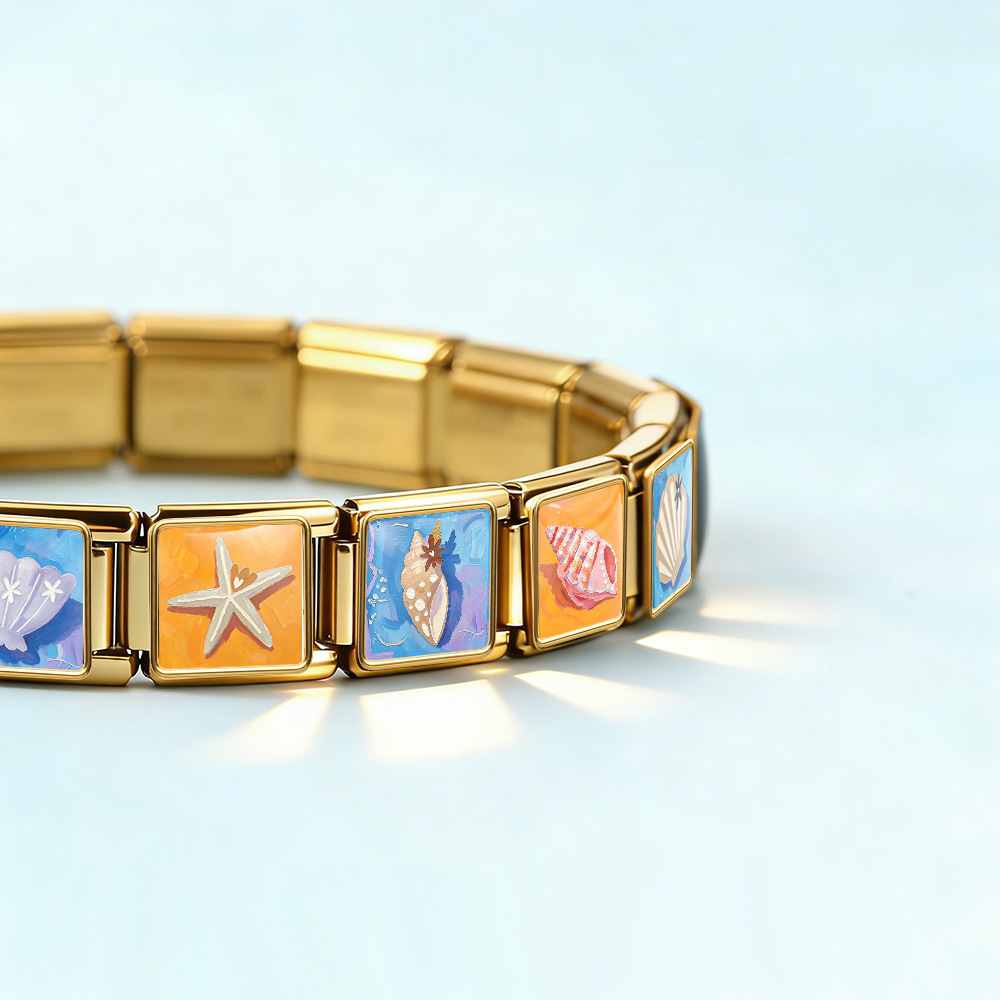DIY stainless steel bracelet with square oil painting pattern of seashells and conch shells, featuring a summer beach theme. Freely combinable watch strap chain.