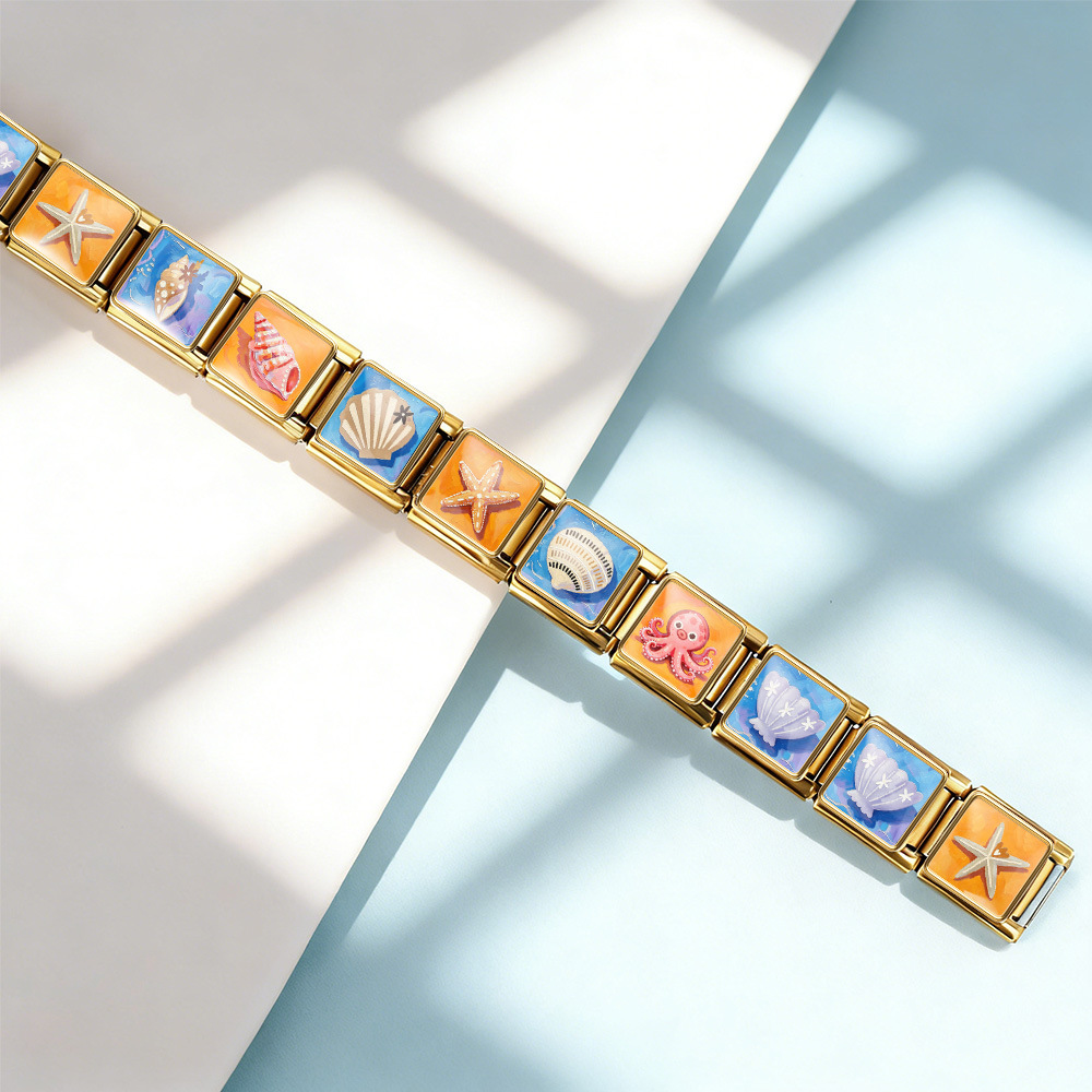 DIY stainless steel bracelet with square oil painting pattern of seashells and conch shells, featuring a summer beach theme. Freely combinable watch strap chain.