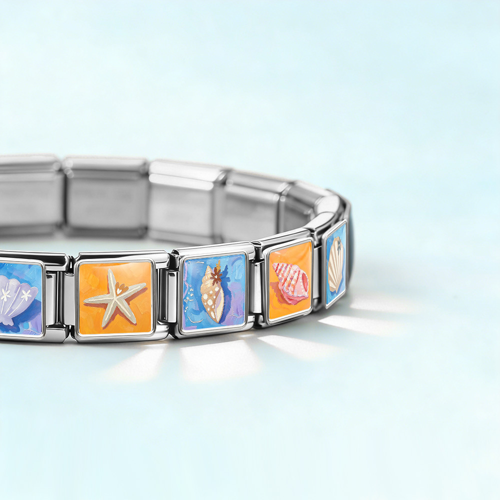 DIY stainless steel bracelet with square oil painting pattern of seashells and conch shells, featuring a summer beach theme. Freely combinable watch strap chain.