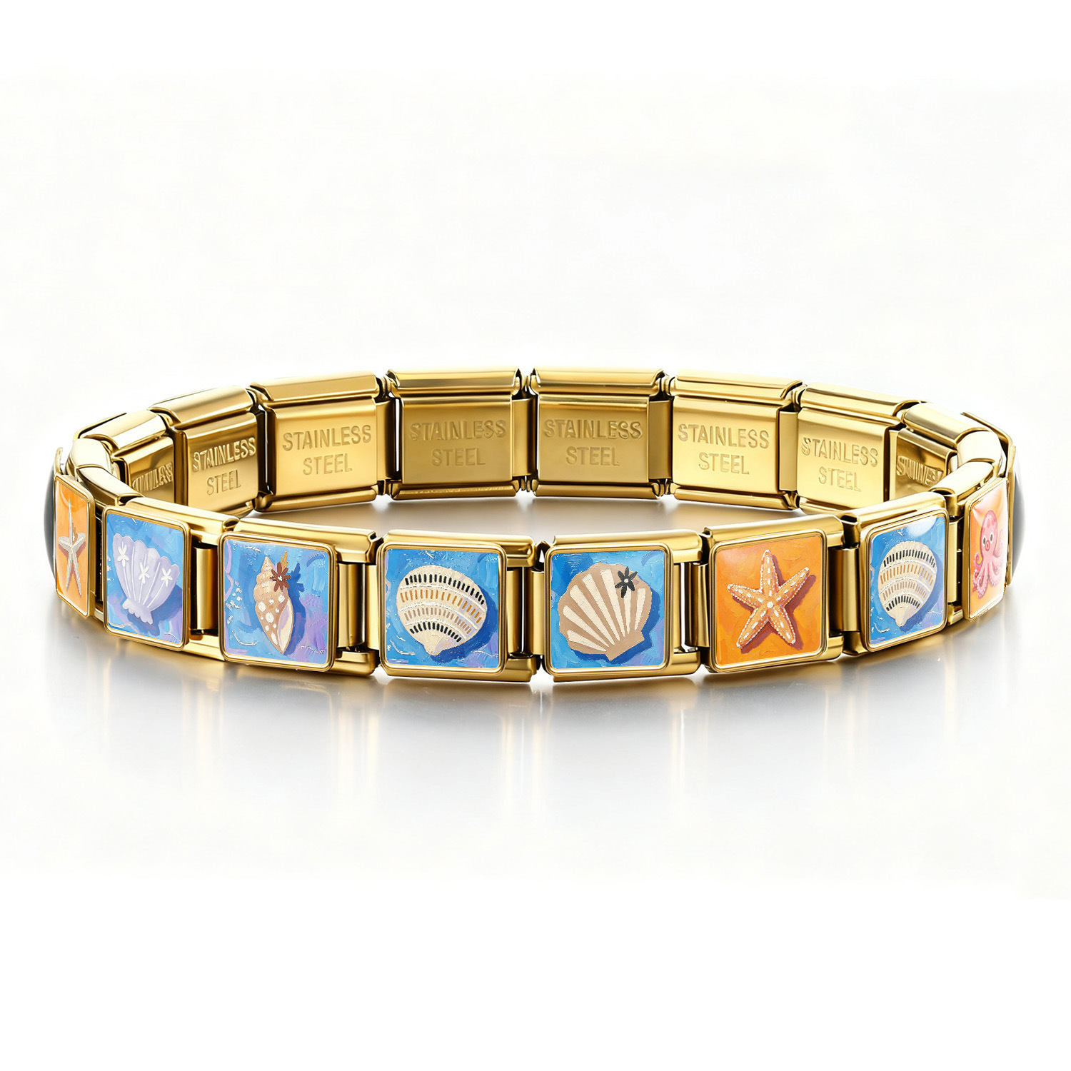 DIY stainless steel bracelet with square oil painting pattern of seashells and conch shells, featuring a summer beach theme. Freely combinable watch strap chain.