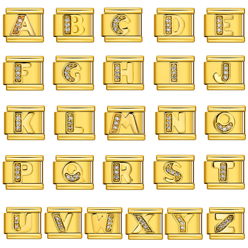 Gold-plated diamond-encrusted letter Italian modular bracelet, stainless steel DIY customizable name watch strap chain