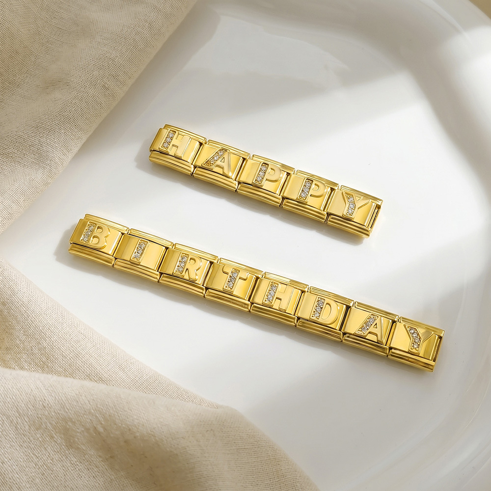 Gold-plated diamond-encrusted letter Italian modular bracelet, stainless steel DIY customizable name watch strap chain