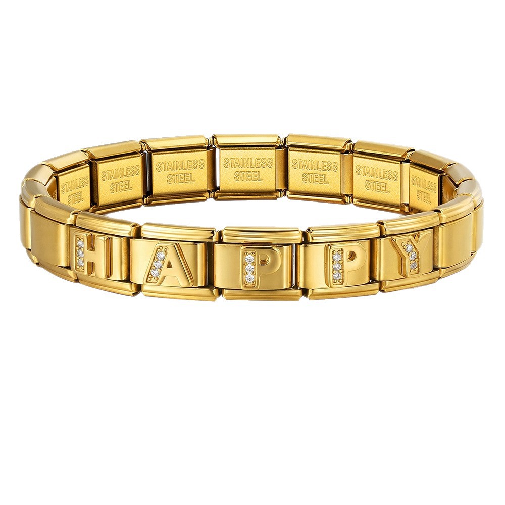 Gold-plated diamond-encrusted letter Italian modular bracelet, stainless steel DIY customizable name watch strap chain