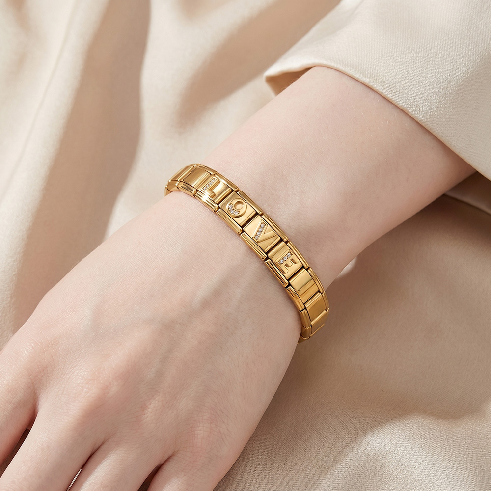 Gold-plated diamond-encrusted letter Italian modular bracelet, stainless steel DIY customizable name watch strap chain