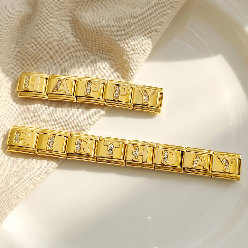 Gold-plated diamond-encrusted letter Italian modular bracelet, stainless steel DIY customizable name watch strap chain