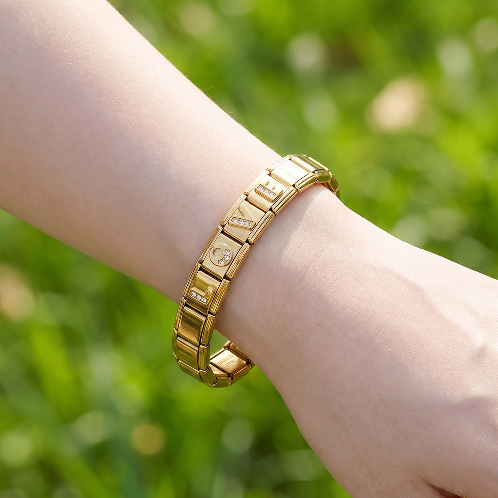 Gold-plated diamond-encrusted letter Italian modular bracelet, stainless steel DIY customizable name watch strap chain
