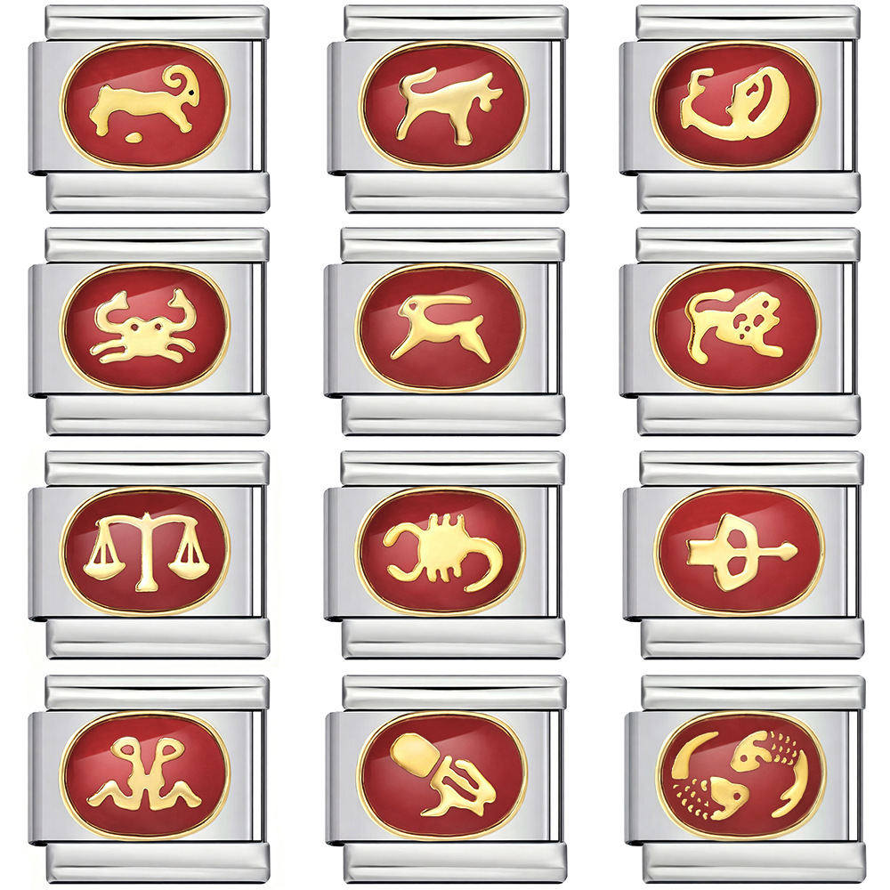 New welded gold-plated red zodiac sign DIY pattern stainless steel modular bracelet/watch strap
