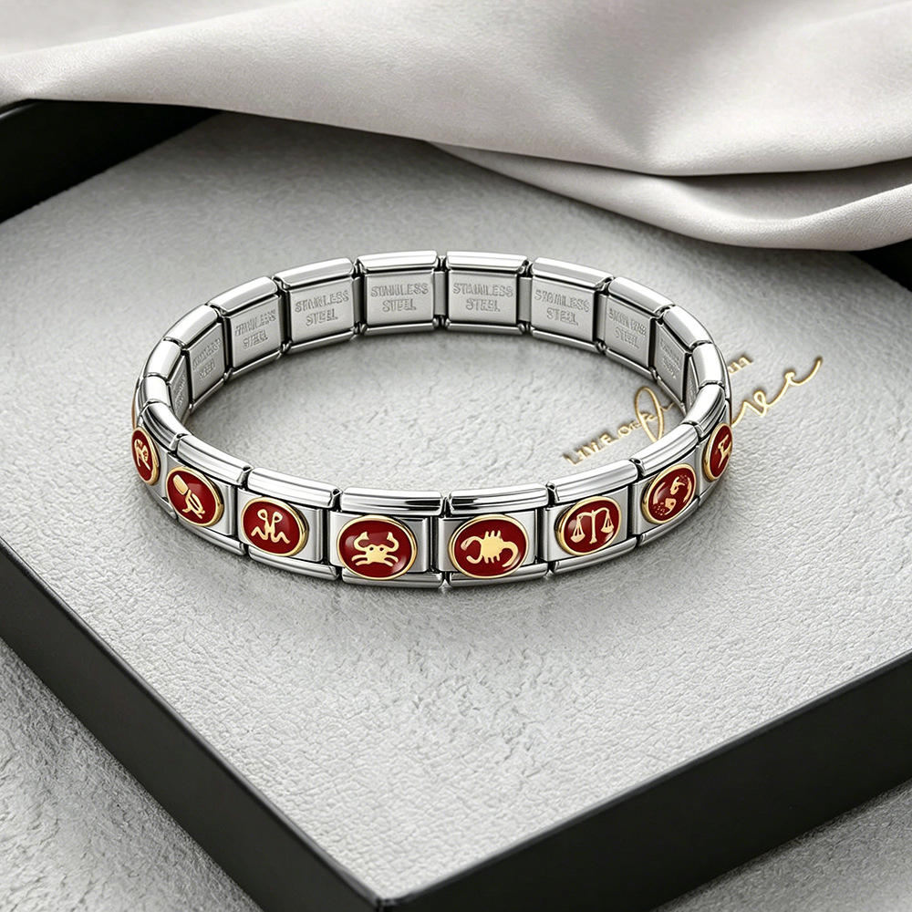New welded gold-plated red zodiac sign DIY pattern stainless steel modular bracelet/watch strap