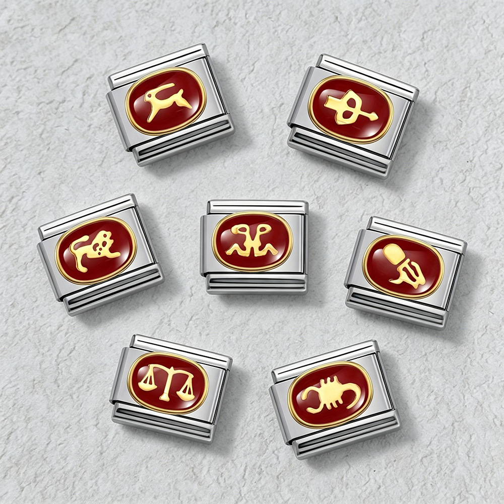 New welded gold-plated red zodiac sign DIY pattern stainless steel modular bracelet/watch strap