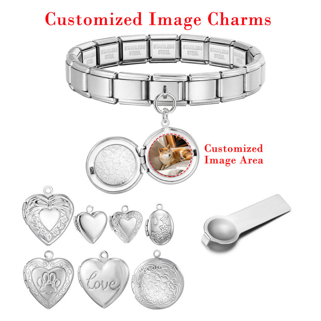 DIY Stainless Steel Heart-Shaped Photo Box Pendant Set, Italian Modular Bracelet Accessories