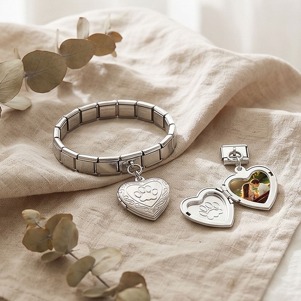 DIY Stainless Steel Heart-Shaped Photo Box Pendant Set, Italian Modular Bracelet Accessories