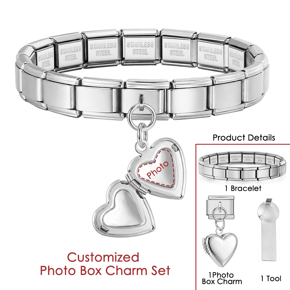 DIY Stainless Steel Heart-Shaped Photo Box Pendant Set, Italian Modular Bracelet Accessories