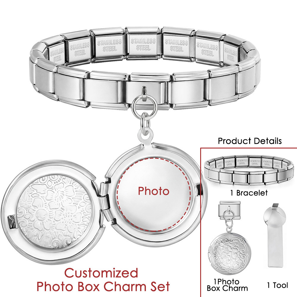 DIY Stainless Steel Heart-Shaped Photo Box Pendant Set, Italian Modular Bracelet Accessories