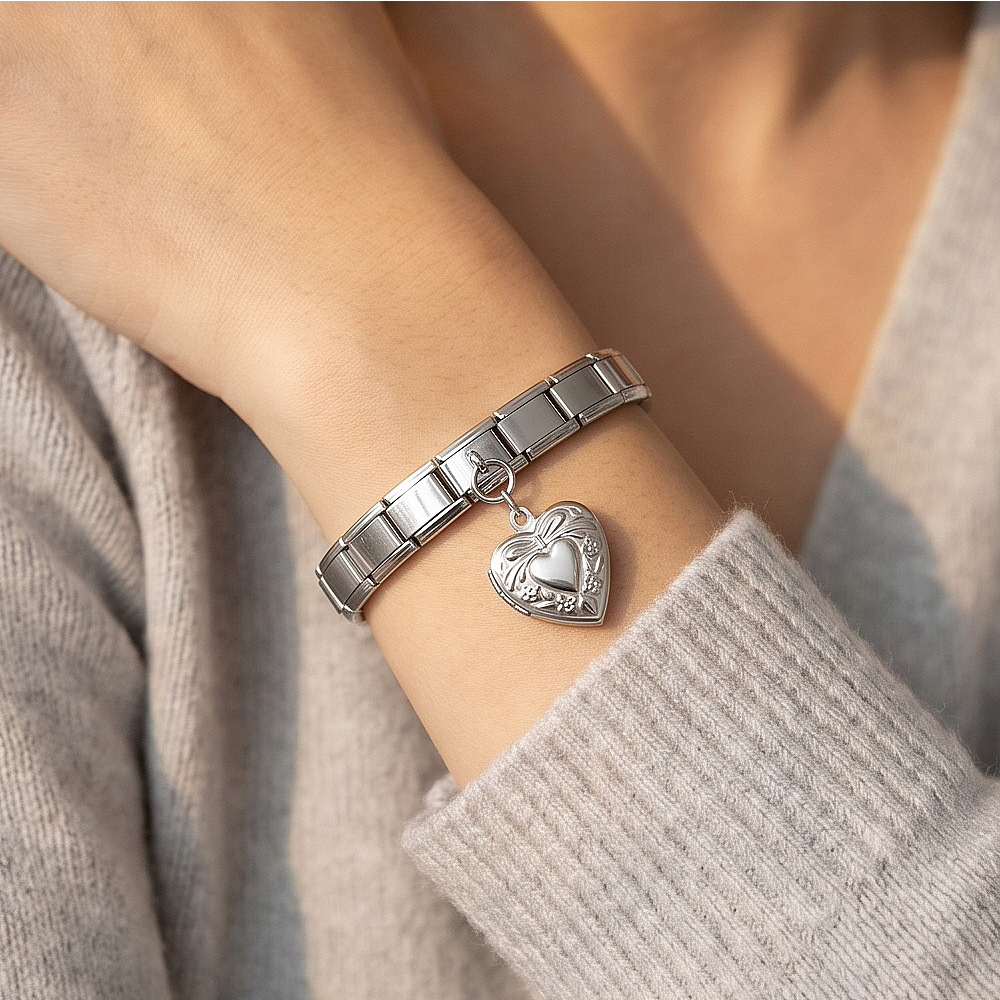 DIY Stainless Steel Heart-Shaped Photo Box Pendant Set, Italian Modular Bracelet Accessories