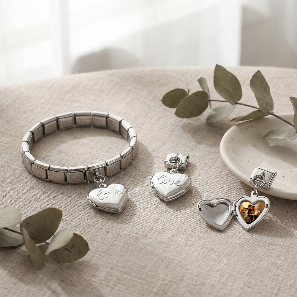 DIY Stainless Steel Heart-Shaped Photo Box Pendant Set, Italian Modular Bracelet Accessories