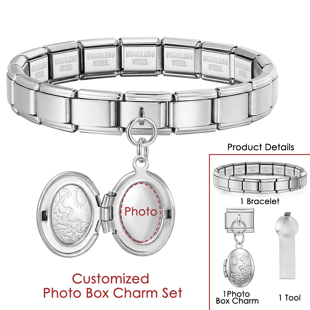 DIY Stainless Steel Heart-Shaped Photo Box Pendant Set, Italian Modular Bracelet Accessories