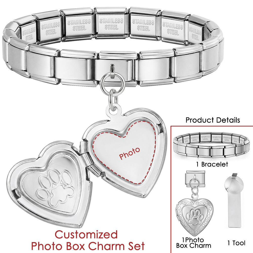 DIY Stainless Steel Heart-Shaped Photo Box Pendant Set, Italian Modular Bracelet Accessories