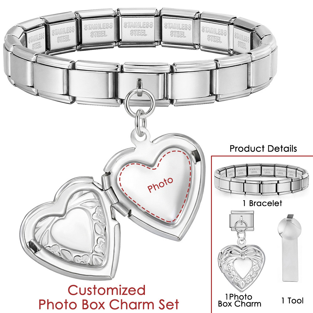 DIY Stainless Steel Heart-Shaped Photo Box Pendant Set, Italian Modular Bracelet Accessories