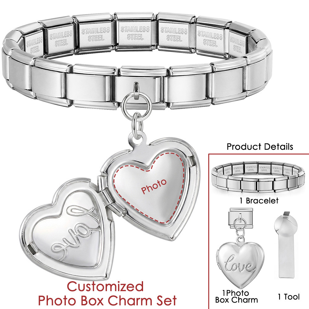 DIY Stainless Steel Heart-Shaped Photo Box Pendant Set, Italian Modular Bracelet Accessories