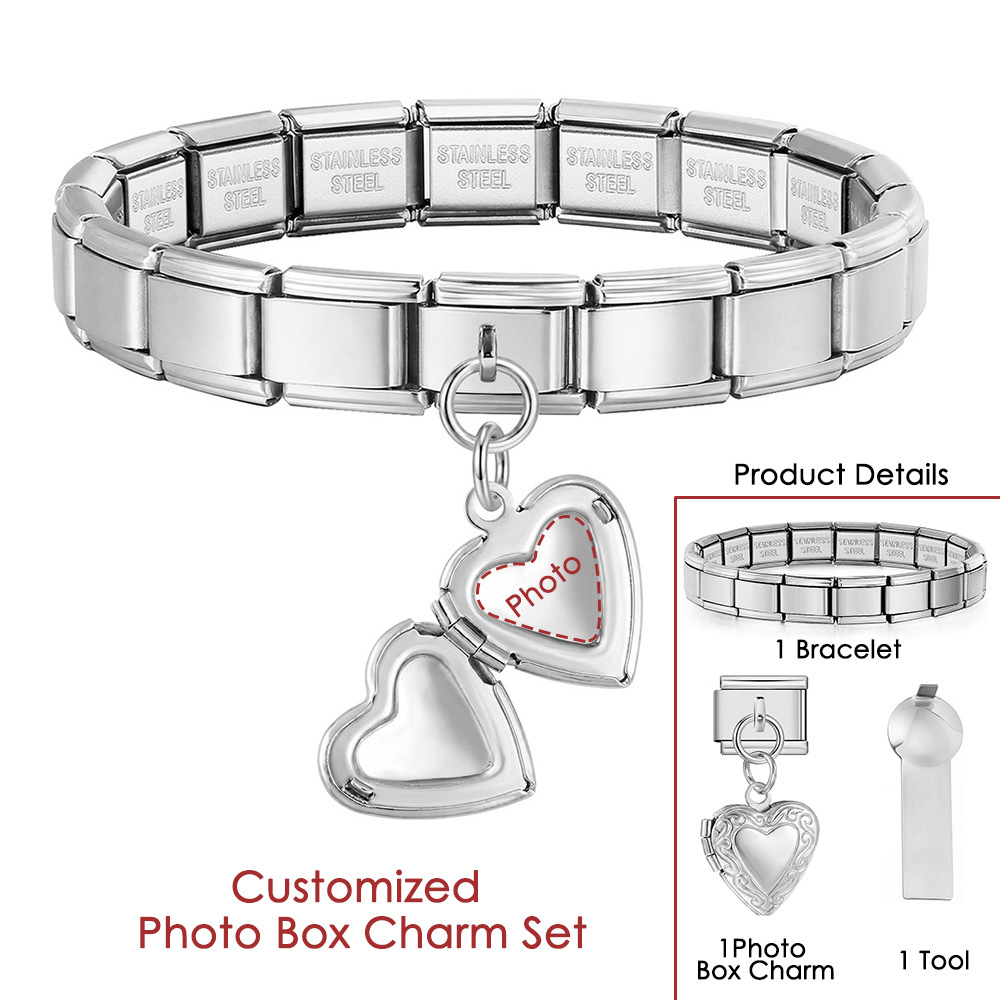 DIY Stainless Steel Heart-Shaped Photo Box Pendant Set, Italian Modular Bracelet Accessories