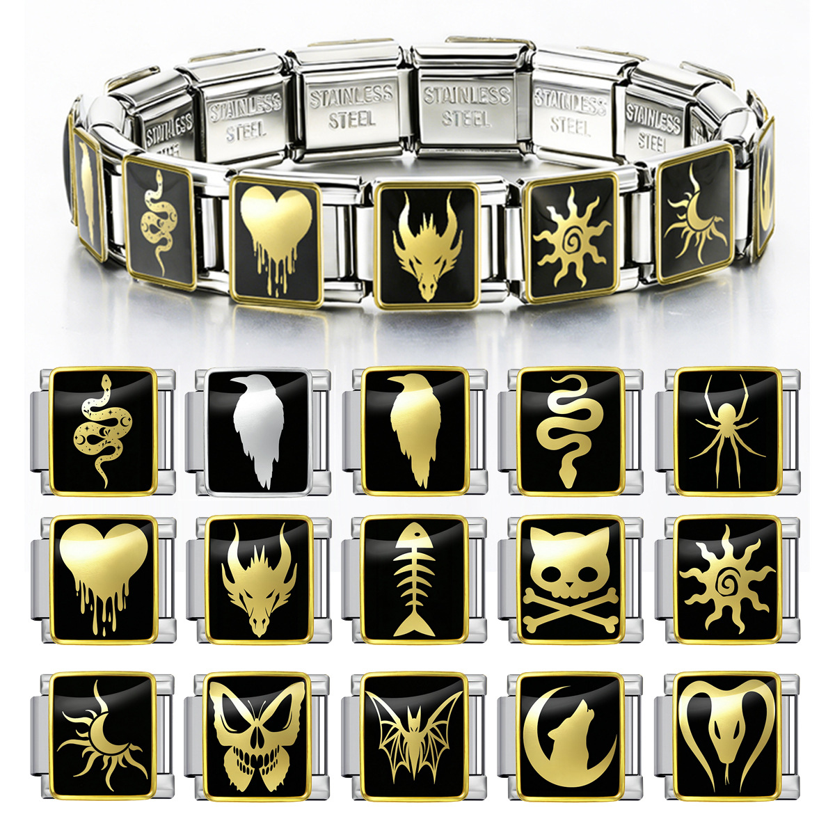 Gold and silver gothic punk Italian modular bracelet, multi-functional stainless steel DIY freely combinable modules