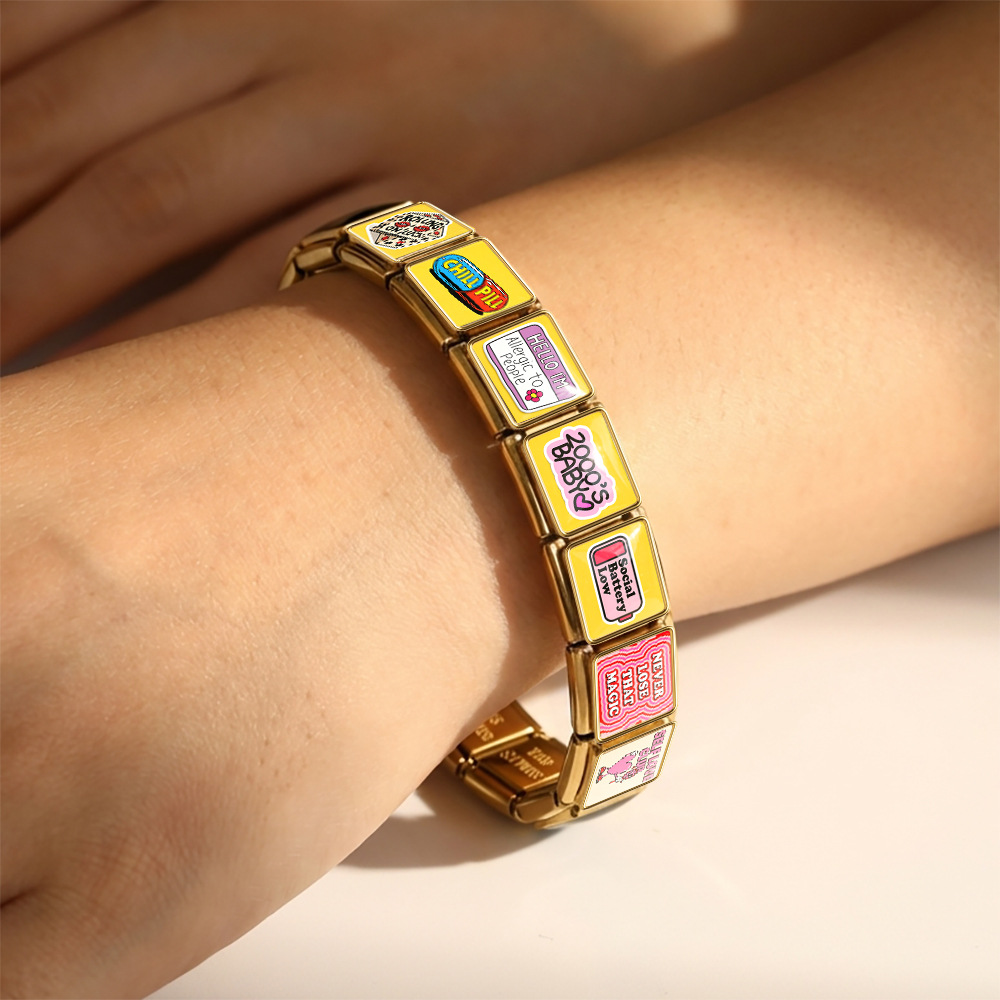 Square Fun English Slogan Italian Modular Bracelet Stainless Steel DIY Handmade Detachable Accessories