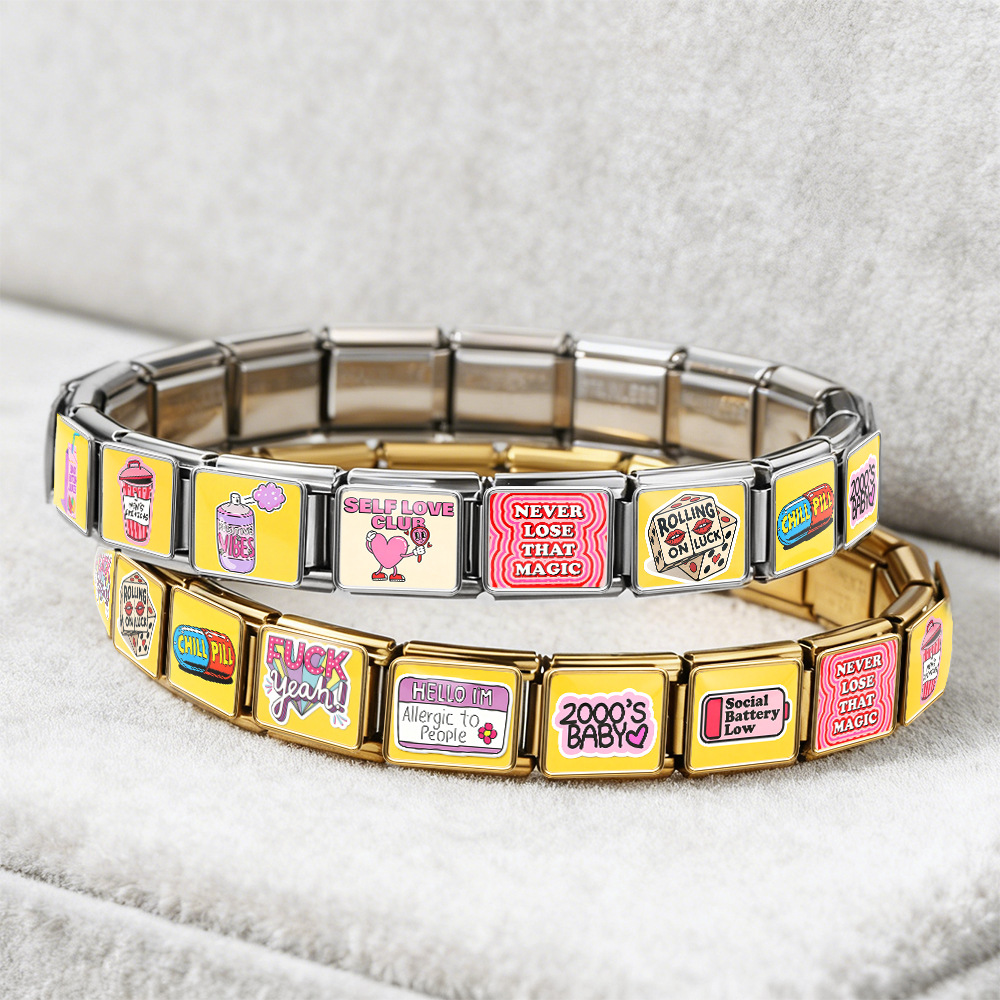 Square Fun English Slogan Italian Modular Bracelet Stainless Steel DIY Handmade Detachable Accessories
