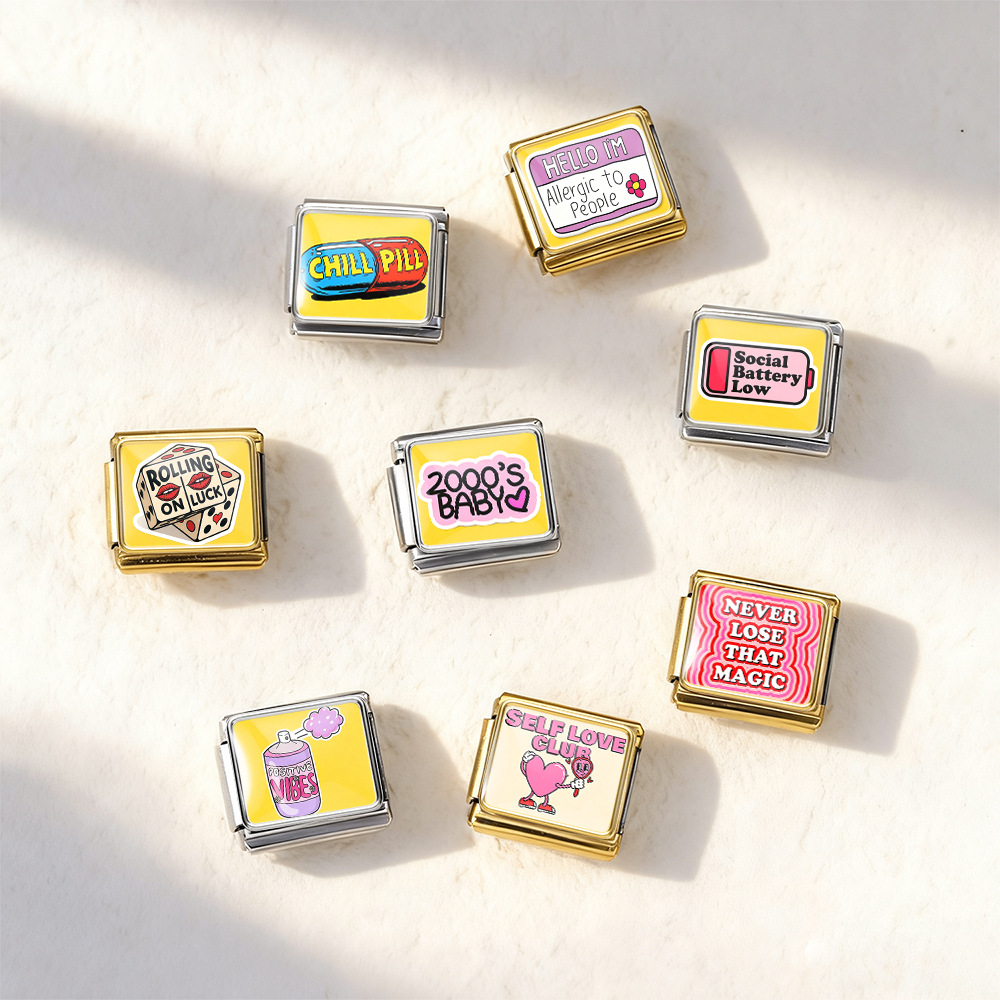 Square Fun English Slogan Italian Modular Bracelet Stainless Steel DIY Handmade Detachable Accessories
