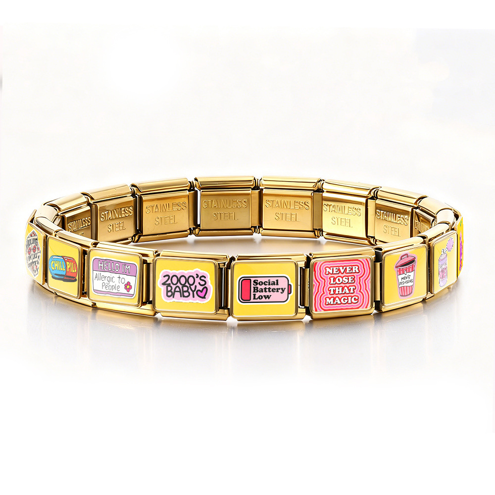 Square Fun English Slogan Italian Modular Bracelet Stainless Steel DIY Handmade Detachable Accessories
