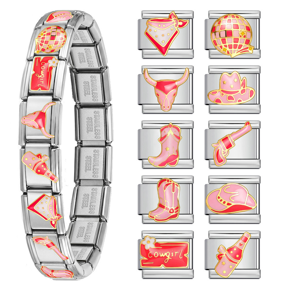 Pink Western Cowboy Theme Italian Modular Bracelet Stainless Steel Welded DIY Piece Bangle Accessories