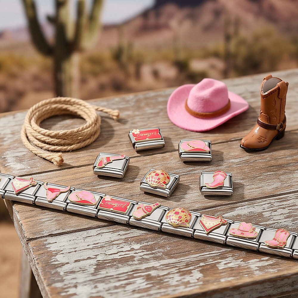 Pink Western Cowboy Theme Italian Modular Bracelet Stainless Steel Welded DIY Piece Bangle Accessories