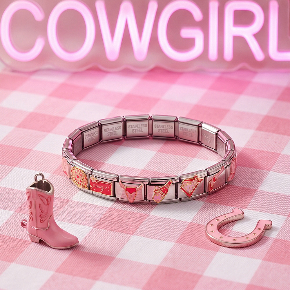 Pink Western Cowboy Theme Italian Modular Bracelet Stainless Steel Welded DIY Piece Bangle Accessories