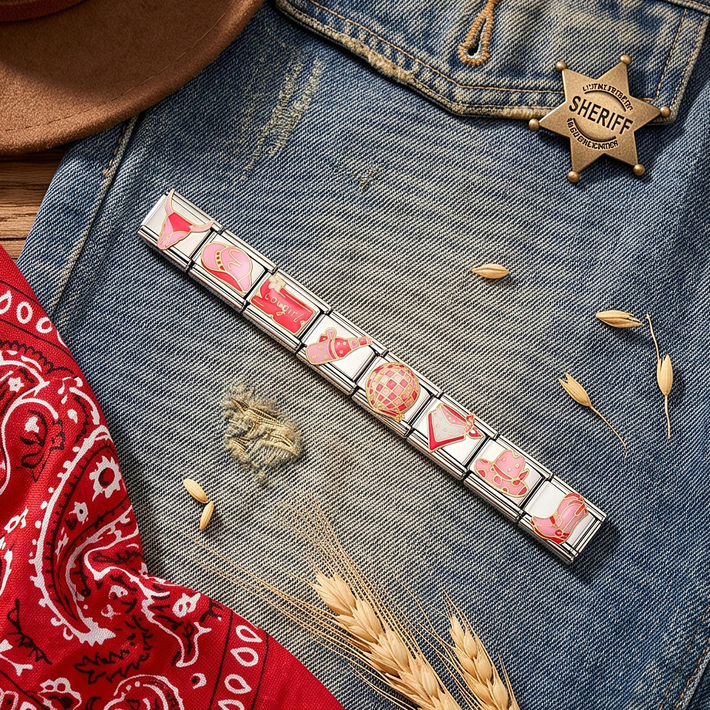 Pink Western Cowboy Theme Italian Modular Bracelet Stainless Steel Welded DIY Piece Bangle Accessories