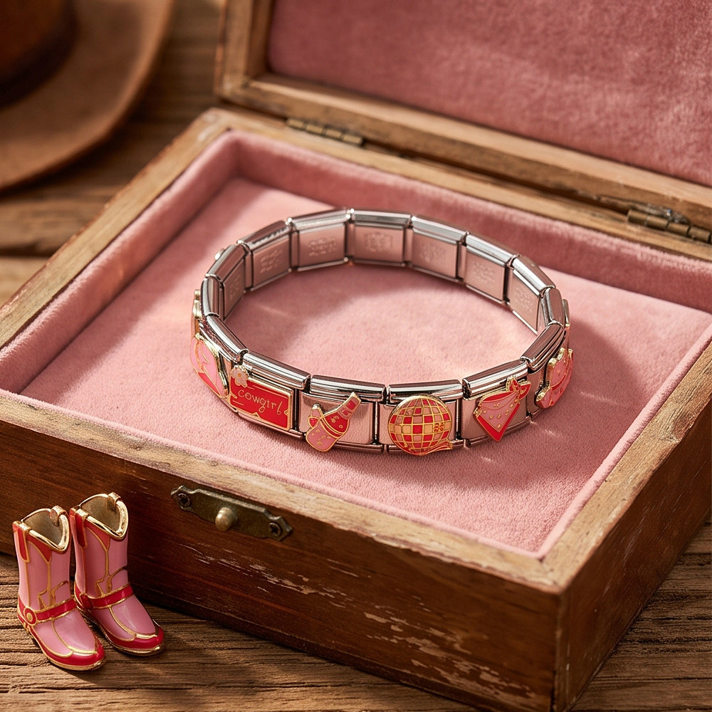 Pink Western Cowboy Theme Italian Modular Bracelet Stainless Steel Welded DIY Piece Bangle Accessories
