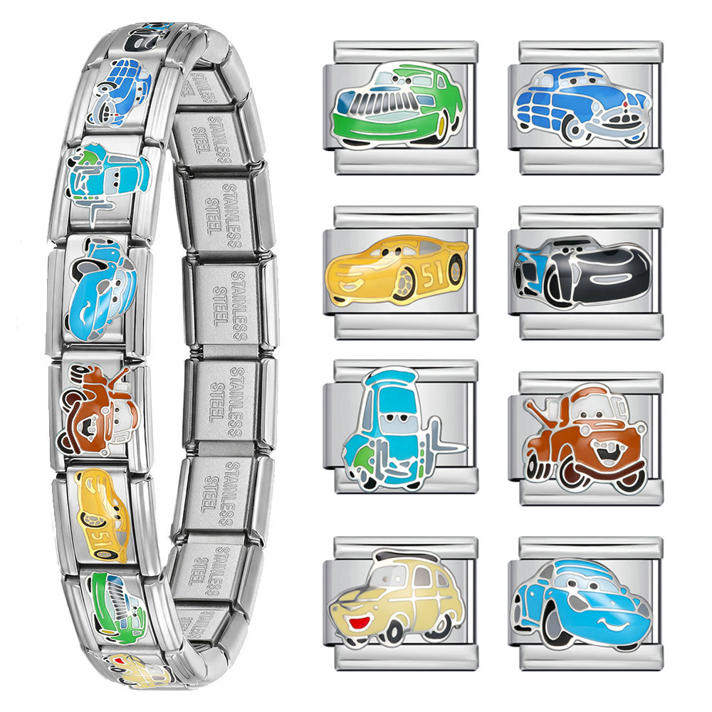 New Cartoon Car Pattern Italian Modular Bracelet Stainless Steel Welded DIY Assembly Accessories