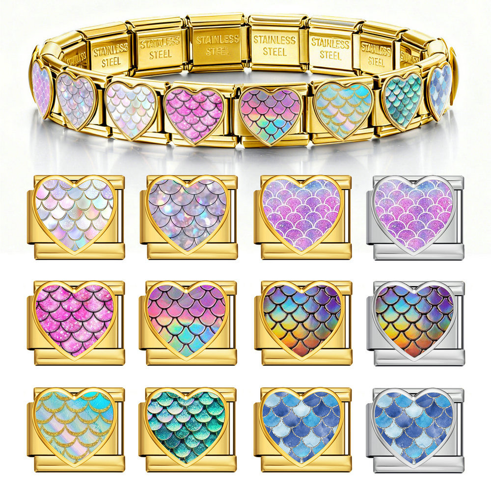 New iridescent fish scale heart Italian modular stainless steel bracelet, DIY customizable watch strap chain
