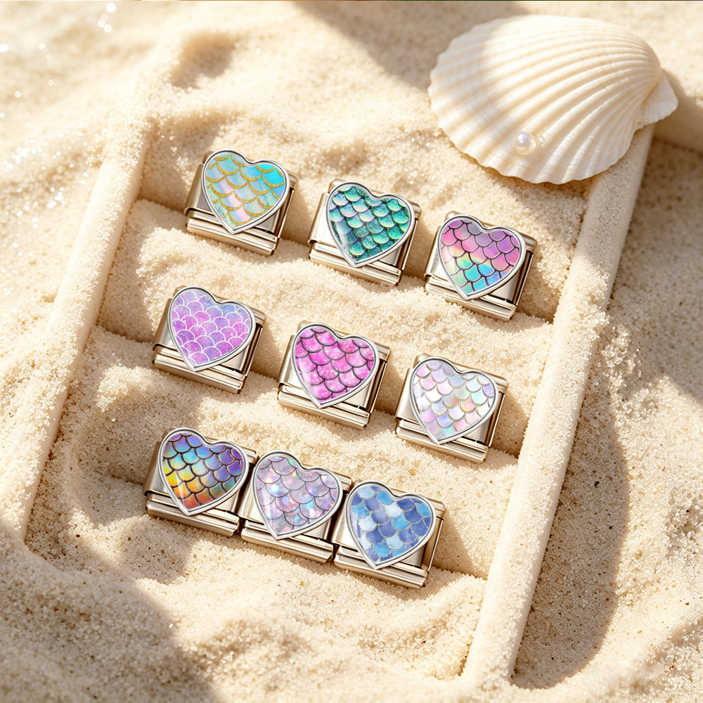 New iridescent fish scale heart Italian modular stainless steel bracelet, DIY customizable watch strap chain