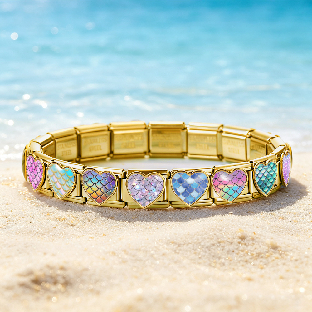 New iridescent fish scale heart Italian modular stainless steel bracelet, DIY customizable watch strap chain