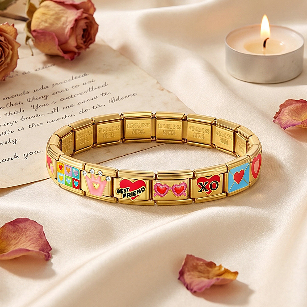 Gold-based colorful heart-shaped stainless steel Italian modular bracelet, DIY, simple and versatile bracelet accessory.