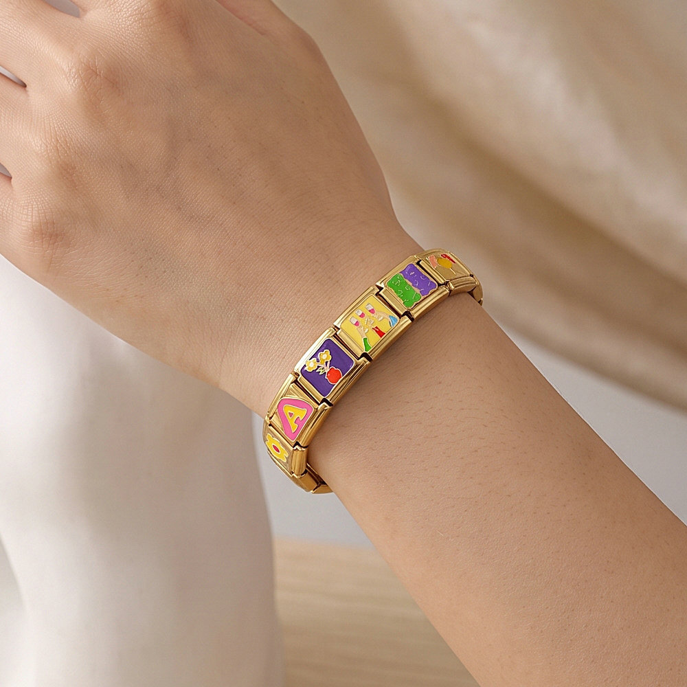 DIY all-gold colored drip stainless steel Italian modular bracelet, detachable elastic bracelet, gift.